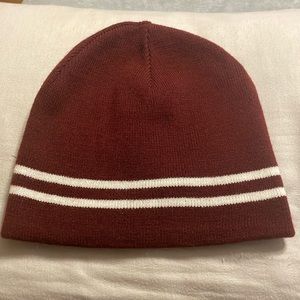 Burgundy with white horizontal stripes beanie. Unisex. Brand new condition.